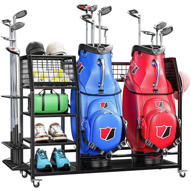 POKIPO 43.3“W Golf Bag Organizer with Wheels, Holds 2 Bags & 27 Clubs, Heavy Duty Thick Frame Garage Storage Rack Cart, High Load Capacity Golf Accessories Stand Holder, Ideal for Garage, Club, Shed