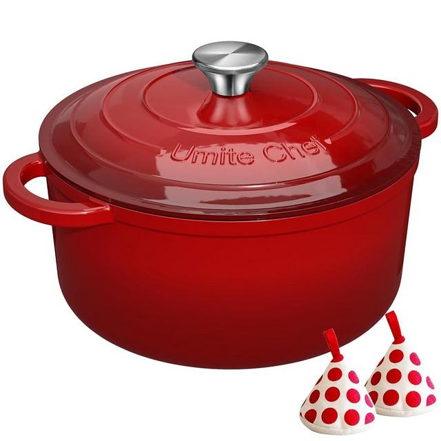 Enameled Cast Iron Dutch Oven - Umite Chef 5QT Pot with Lid & Cotton Potholders - Heavy-Duty Cookware for Bread Baking, Braising, Stews, Roasting(Read)