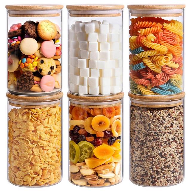 ComSaf 32oz Glass Storage Containers with Lids, Glass Jars with Bamboo Lids, Clear Food Storage Jar, Round Glass Canister Set of 6, Pantry Organizers and Storage for Pasta Flour Rice Tea Coffee Bean