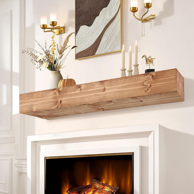 LXWZHK Fireplace Mantel Shelf, 60" Wooden Floating Shelf for Over Fireplace, Wall-Mounted Mantel Shelves, Decorative Mantels, Rustic Floating Mantels Shelves, Oak Color