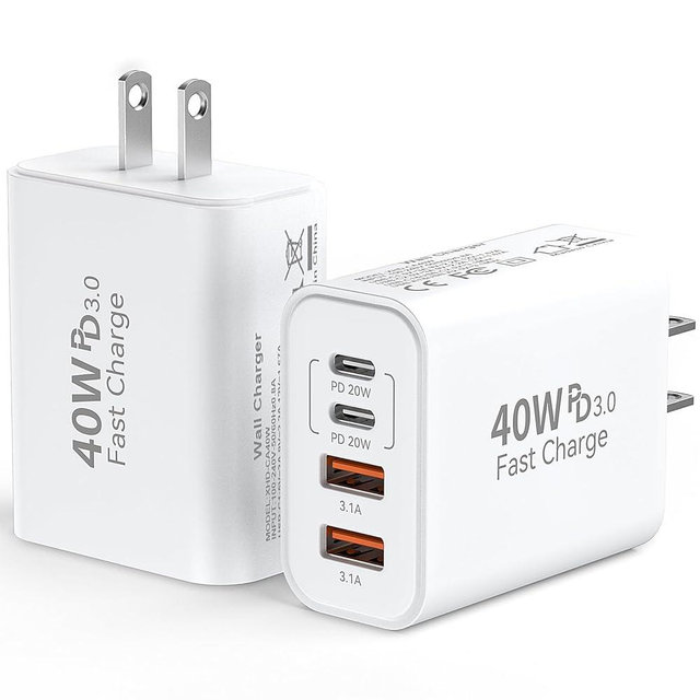 USB C Wall Fast Charger Block, 40W 4-Port Type C Charger Fast Charging Blocks PD Power Charger Adapter+QC 3.0 USB Multiport Charger Brick for iPhone 17/16/15/14/13/12 Pro Max, iPad, Galaxy S25-2Pack