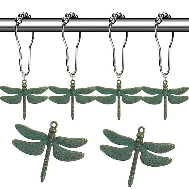 Aimoye Dragonfly Bathroom Shower Curtain Hooks - Rust Proof Brushed Nickel Rings with Dragonfly Pendant Accessories Set Decorate Bath Room with Natural, Forest, Garden, Country Theme, 12PCS (Green)