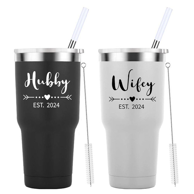 Mamihlap Hubby & Wifey Est 2024 Travel Mug 30oz Tumbler.Valentine’s Day Gifts.Anniversary Wedding Engagement Gifts.Gift for Couple Her Him Bridal Shower Husband Wife Newlywed Couple.(Black&White)