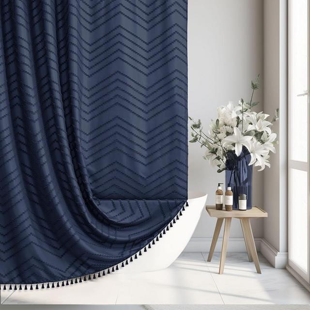Siiluminisoy Navy Blue Shower Curtain Navy Blue Woven Fabric Cute Shower Curtain, 72 x 72 Tufted Chevron Textured Striped Modern Minimalist Cloth Shower Curtain for Bathroom