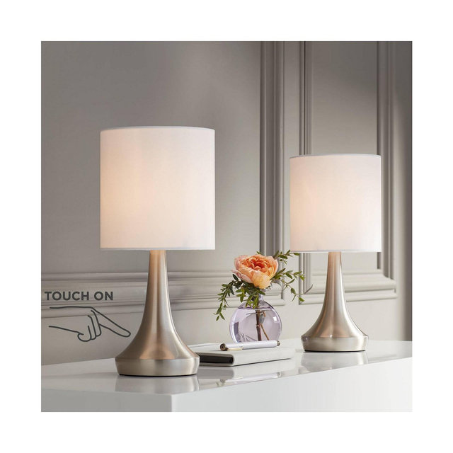 360 Lighting Zofia Modern Accent Table Lamps 13" Tall Set of 2 Brushed Nickel Silver Tapered Metal Touch On Off White Fabric Drum Shade for Bedroom House Bedside Nightstand Office Entryway