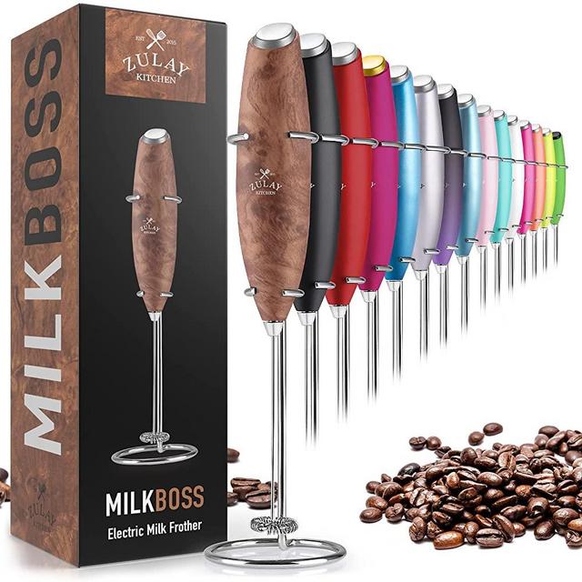 Zulay Original Milk Frother Handheld Foam Maker for Lattes - Whisk Drink Mixer for Coffee, Mini Foamer for Cappuccino, Frappe, Matcha, Hot Chocolate by Milk Boss (Walnut)