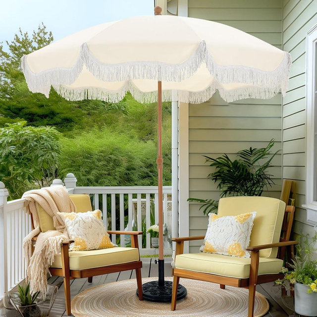 PHI VILLA 7ft Patio Umbrellas with Fringe, Outdoor Tilt Beach Umbrella Portable for Sand, UPF 50+ Canopy with 8 High Wind Proof Fiberglass Ribs and Carry Bag, Off-white