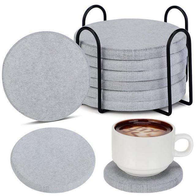 Yaomiao 6 Pcs Diatomaceous Earth Coaster Absorbent Round Diatomite Coasters with Holder Non Slip Insulation Odorless Gray Blank Coasters Plants Cup Coaster with Storage Rack for Table Countertop