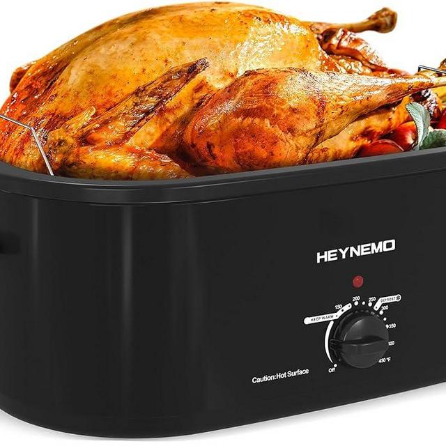 26 Quart Electric Roaster Oven with Visible & Self-Basting Lid, Large Turkey Roaster with Defrost Warm Function, Adjustable Temperature, Removable Pan Rack, Stainless Steel, Black