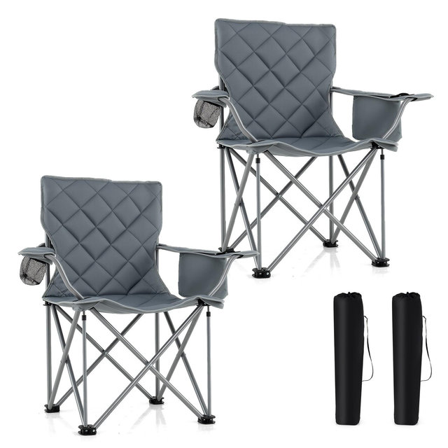 Costway 2PCS Oversized Camping Chairs Heavy Duty Outdoor Folding Chair w/Cooler Pouch Gray
