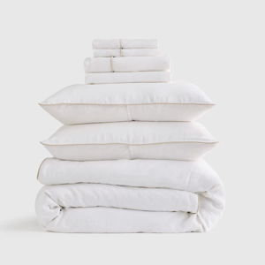 European Linen Piped Deluxe Bedding Bundle - White/Toffee, King