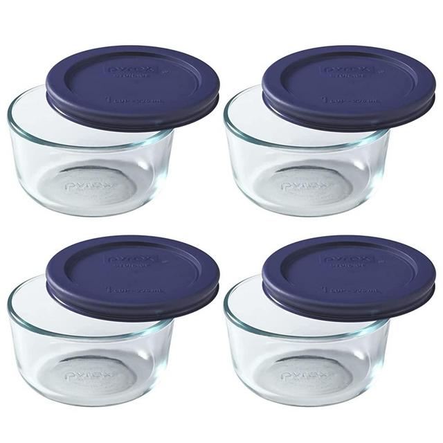 Pyrex (4) 7202 1-Cup Glass Bowls & (4) Pyrex 7202-PC 1-Cup Dark Blue Lids