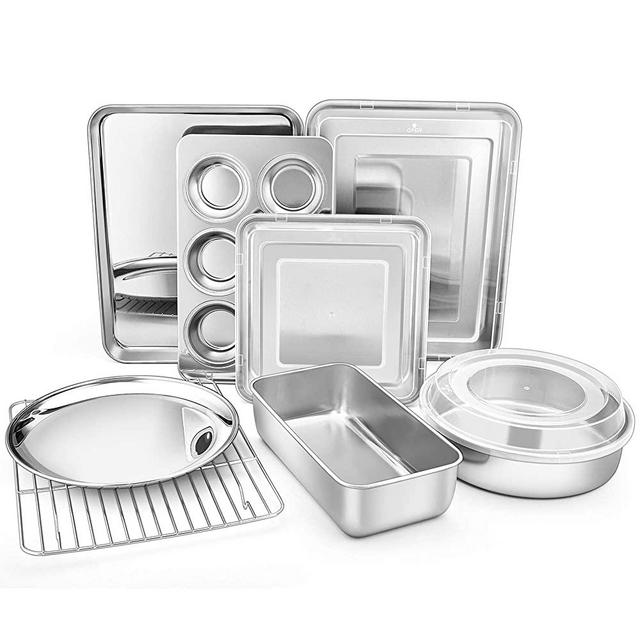 TeamFar Bakeware Set of 11, Stainless Steel Bakeware Set with Baking Sheet and Rack, Lasagna Pan with Lid, Square & Round Cake Pan with Lid, Muffin Pan & Loaf Pan, Pizza Pan, Healthy & Dishwasher Safe