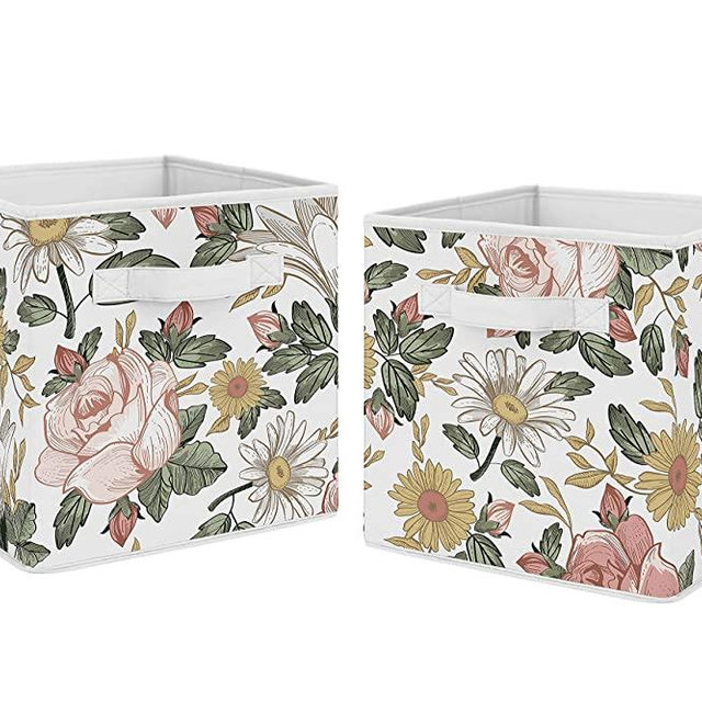 Sweet Jojo Designs Vintage Floral Boho Foldable Fabric Storage Cube Bins Boxes Organizer Toys Kids Baby Childrens - Set of 2 - Blush Pink, Yellow, Green and White Shabby Chic Rose Flower Farmhouse