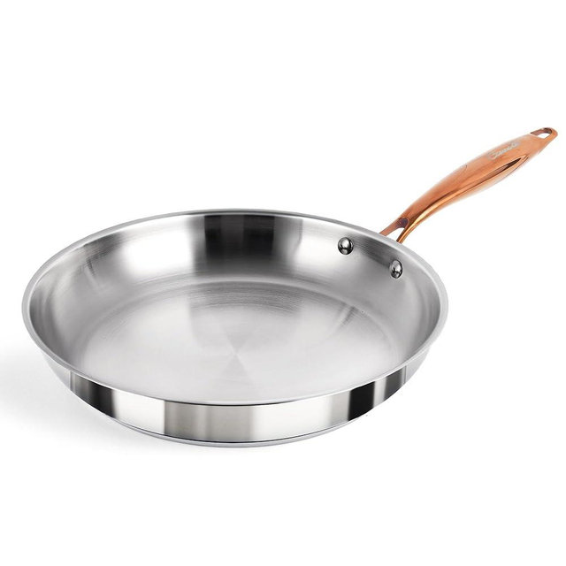 ciwete 12 Inch Tri-Ply Stainless Steel Frying Pan with Brass Cool Handle, Professional Quality Skillet Suitable for All Stove, Oven and Dishwasher Safe, PFOA PTFE PFOS Free, Fast and Even Heating