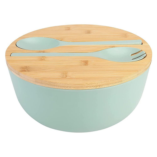 Large Salad Bowl with Lid, Bamboo Fiber Salad Serving Bowl Set with Utensils, 9.8inches Mixing Bowl with Servers, Solid Bamboo Wooden Bowl for Salad, Fruits, Vegetables and Pasta(elegant green)
