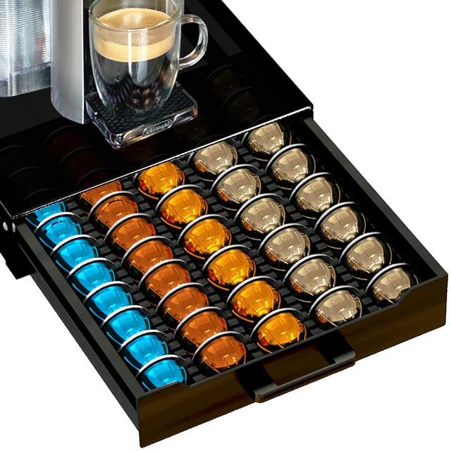 Coffee Pod Holder Drawer Organizer with Deluxe Black Tempered Glass Top, Compatible for Nespresso Vertuo Pods, Holds up to 75 Small or 50 Big Vertuo Pods Compact Design (Piano Black)