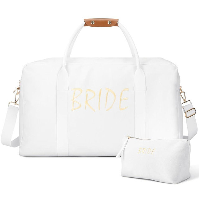 2 Pcs Wedding Weekender Bag for Women Bride Travel Bag with Shoes Compartment Shoulder Bride Bag with Chenille Letter Patch Makeup Bag Bride Gift for Wedding Bridal Shower Engagement Honeymoon