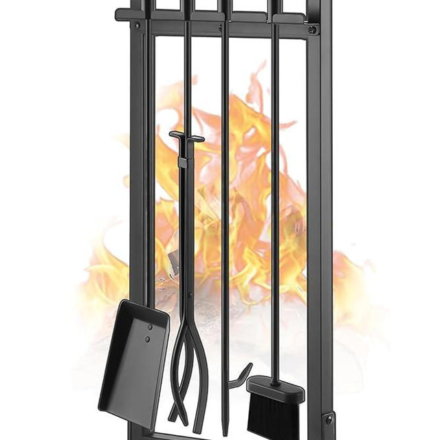 Gtongoko 30 Inch 5 Pieces Fireplace Tools Set with Stand, Outdoor Fire Tools for Fireplace with Poker, Shovel, Brush, Tong and Base, Fireplace Accessories Fire Place Set Tools, Black