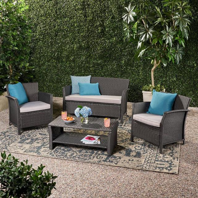Santa Lucia 4pc PE Wicker Patio Conversation Set - Gray/Silver - Christopher Knight Home