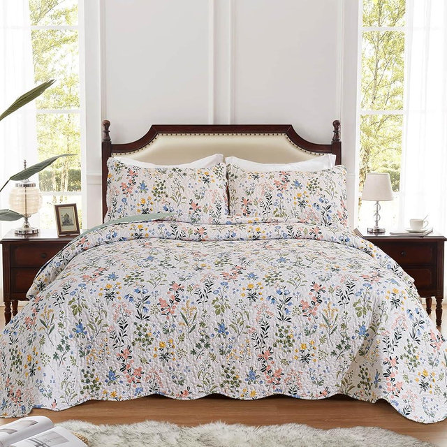 LEAONME 3-Piece Full Queen Size Quilt Set Lightweight Bedspread Coverlet 90''x98'' Garden Style Floral Printed Oversized Bedding Set with Shams for All Season