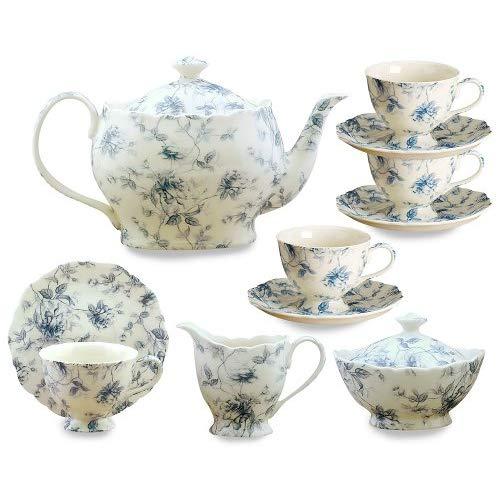 Gracie China Blue Rose Chintz 11-Piece Tea Service, 4-Cup Teapot Sugar Creamer and Four 7-Ounce Cups and Saucers