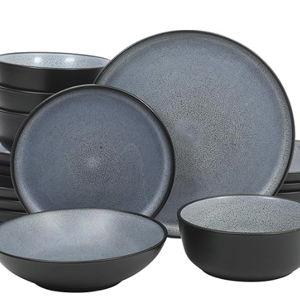 Gibson Elite Tribeca Loft 16-Piece Dinnerware Set – Matte Black and Blue Reactive Glaze Stoneware, Double Bowl Round Plates and Bowls – Modern Rustic Dinnerware for 4