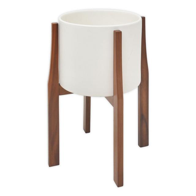 Rita 20-Inch Round Ceramic Planter with Acacia Stand in White