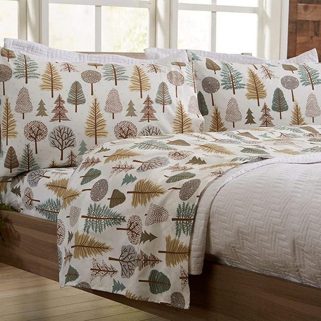 4-Piece Lodge Printed Ultra-Soft Microfiber Sheet Set. Beautiful Patterns Drawn from Nature, Comfortable, All-Season Bed Sheets. (Queen, Forest Trail)