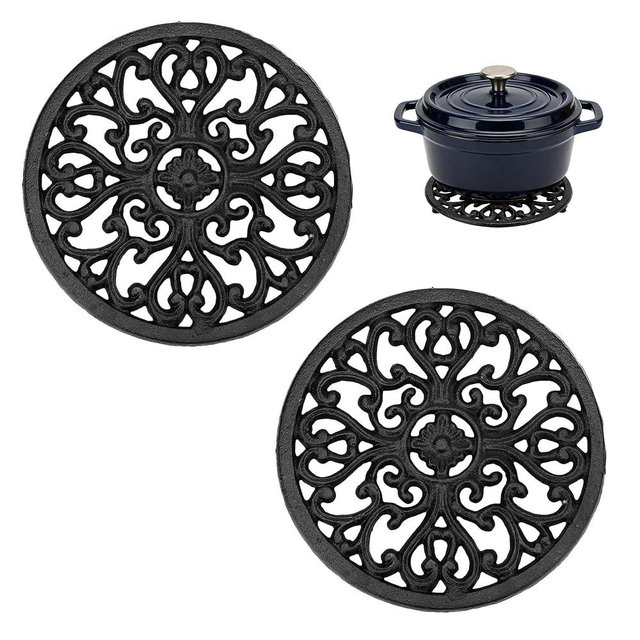 Set of 2 Decorative Cast Iron Trivet,6.8" Sturdy Trivets with Rubber Pegs for Hot Dishes,Rustproof Pot Holders for Countertop,Dining Table,and Pots