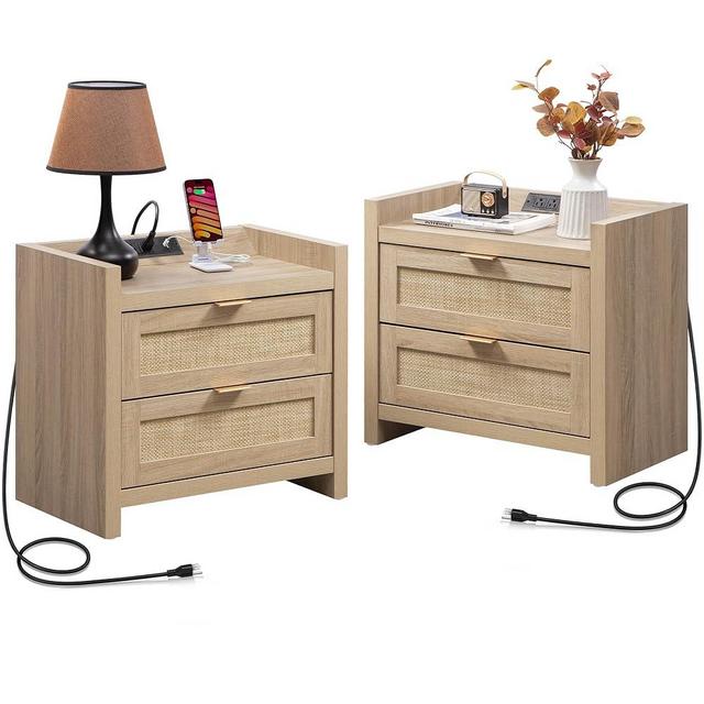 SICOTAS Rattan Nightstands Set of 2 Bedside Table : Wood Night Stand with Type-C Charging Station, 2 Drawers Storage - Boho Night Stands End Table for Bedroom - Light Oak