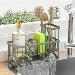 Cisily Kitchen Sink Caddy - Sponge Holder and Organizer with High Brush Holder, 304 Stainless Steel, Sage Green