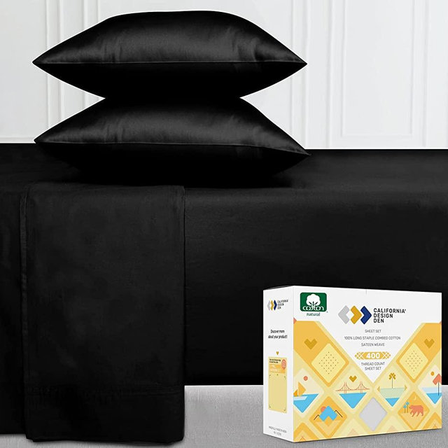 400 Thread Count Solid King Sheet Set (4 pc, Black) - 100% Pure Natural Cotton Bed Sheets, Long Staple, Deep Pocket, Breathable, Soft & Silky Sateen Weave