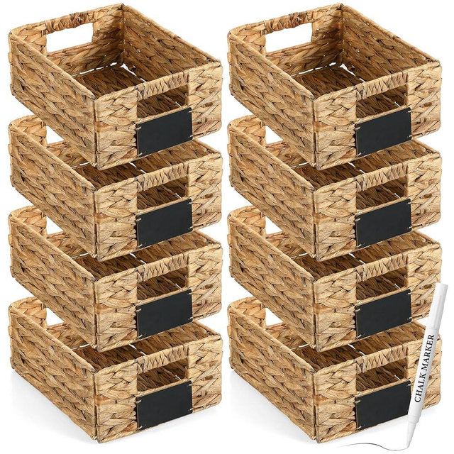 Nitial 8 Pcs 12 x 9 x 5 Inch Wicker Storage Basket, Rectangular Water Hyacinth Storage Baskets for Shelving, Foldable Woven Pantry Organizer with Chalkboard Label and Chalk Marker(Natural)