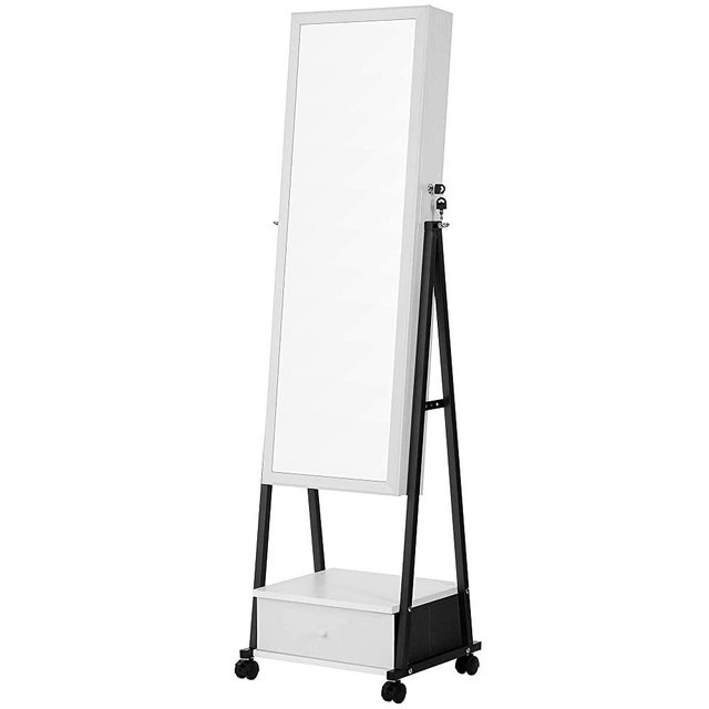 SONGMICS Jewelry Cabinet Floor Standing, Lockable Jewelry Organizer with High Full-Length Mirror, Bottom Drawer, Shelf, Wheels, Jewelry Armoire, Gift Idea, Distressed White and Black UJJC004W01