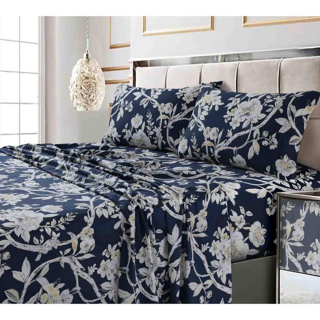 King 300 Thread Count Printed Pattern Sateen Pillowcase Set Navy Colmar - Tribeca Living
