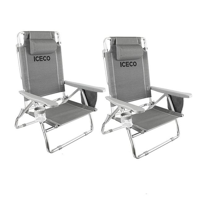 ICECO Beach Chairs 2 Pack, 5-Position Lay Dowm Aluminium Folding Camping Chair Durable Lightweight Portable with Cup Holder Storage Bag for Adults Outdoor Beach Picnic Hiking