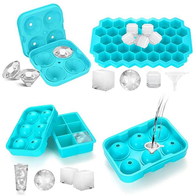 Ice Cube Tray,Silicone Ice Cube Molds for Freezer with Lid (Set of 4) - Sphere Ice Ball, Large Square, Diamond Cut & Hexagonal Shapes Ice Maker for Whiskey,Reusable and BPA Free