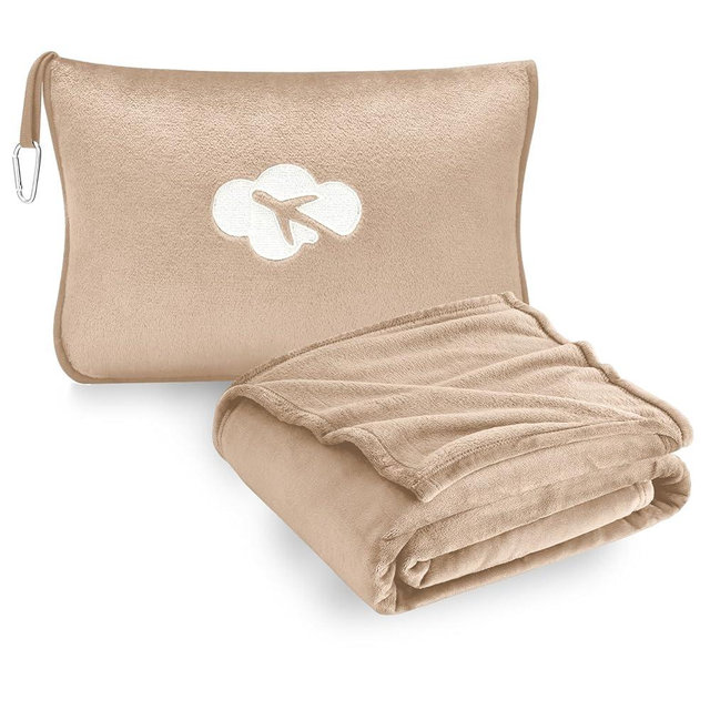 Travel Blanket and Pillow Compact, Premium Soft 2 in 1 Airplane Blanket with Soft Bag Pillowcase，Hand Luggage Sleeve and Backpack Clip (Brown)