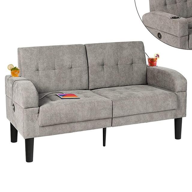 TYBOATE Linen Upholstered Modern Love Seats Sofa with 2 USB, Fabric Loveseat Furniture w/Removable Armrests, 2 Cup Holders, Suitable for Compact Living Space, Apartment, Dorm (Light Grey)