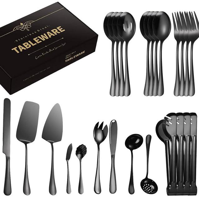 AARAINBOW Serving Utensils Set, 25 Pcs Stainless Steel Utensils for Parties Buffet, Home with Large Serving Spoon Forks (C Black)