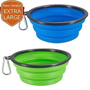 COMSUN 2-Pack Extra Large Size Collapsible Dog Bowl, Food Grade Silicone BPA Free, Foldable Expandable Cup Dish for Pet Cat Food Water Feeding Portable Travel Bowl Blue and Green Free Carabiner