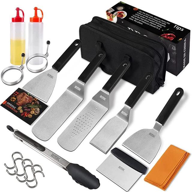 RüK Griddle Accessories Kit, 20 Pcs Anti-Scalding Long Handle Flat Top Griddle Accessories Set with Professional Metal Spatula, Griddle Scraper, Cleaning Kit, Recipe Book for Blackstone and Camp Chef