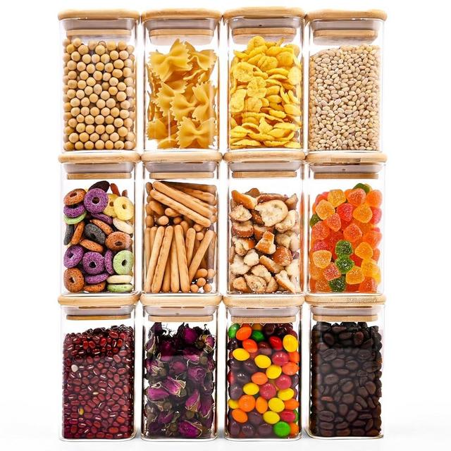 Glass Food Storage Jars Square 8oz, 12 Pack Glass Jars With Bamboo Lids, Kitchen Storage Containers For Spice, Candy, Cookie, Storage For Pantry Organizers