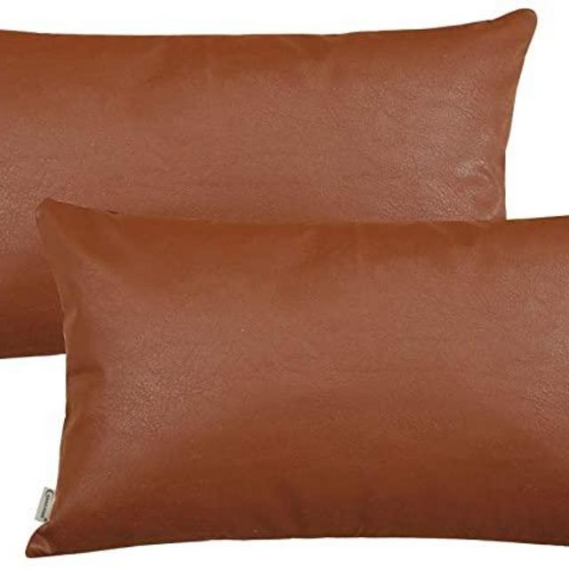 CARRIE HOME Faux Leather Lumbar Pillow Covers 12x20 Brown Farmhouse Throw Pillow Covers Scandinavian Home Decor for Sofa Couch and Bed, Set of 2