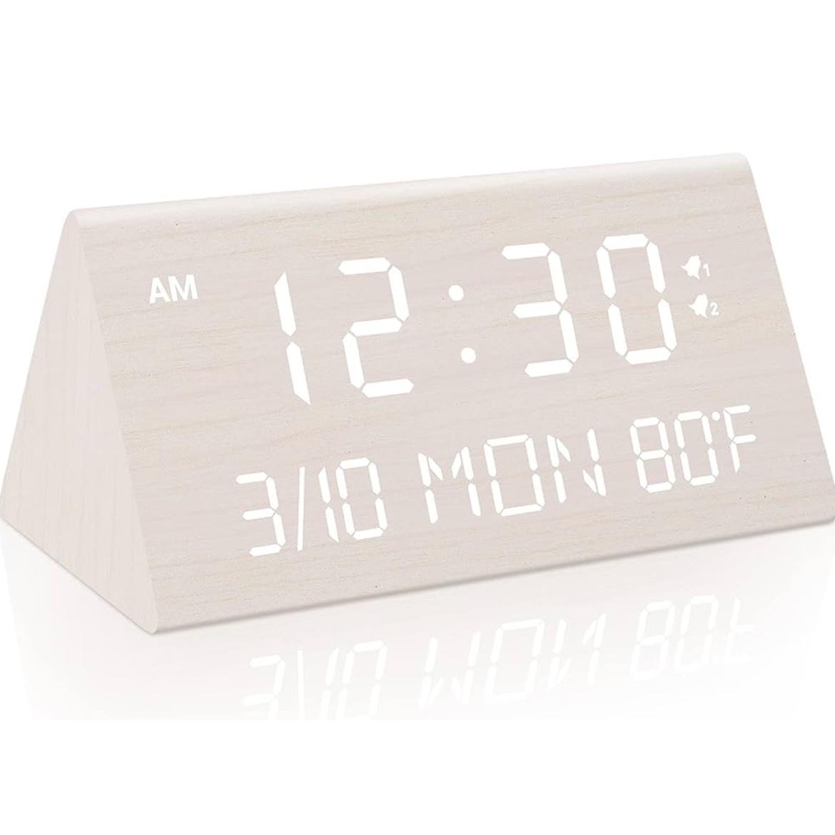 Kogonee Wooden Digital Alarm Clock, 0-100% Dimmer, 2 Alarm Settings, Weekday/Everyday Mode, 9 Mins Snooze, 12/24H, Temperature and Date Display for Office, Travel, Bedroom Alarm Clock (White)