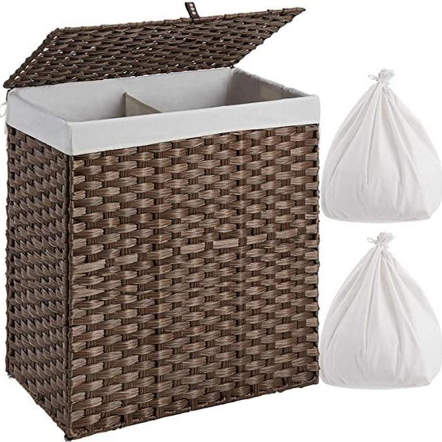 Laundry Hamper with 2 Removable Liner Bags, Divided Clothes Hamper, 110L Handwoven Synthetic Rattan Laundry Basket with Lid and Handles, Foldable and Easy to Install Brown (22x12x24 Inches)