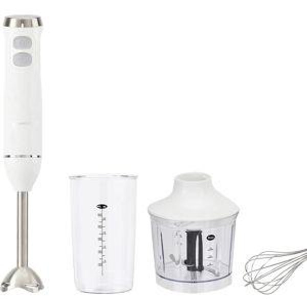 Amazon Basics 300W 4-In-1 Immersion Blender Handheld, Emulsion Blender With Blending Stick, Whisk, Chopper and Beaker, Continuous Speed Control And Turbo Mode, 5-ft Power Cord, White