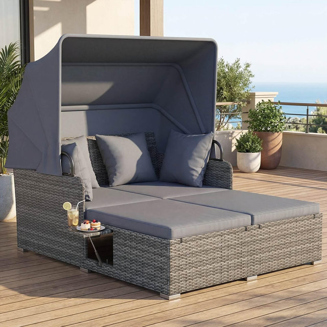Costway Patio Rattan Daybed Lounge Retractable Top Canopy Side Tables Cushions Beige Mix Gray + Gray