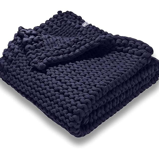 Handmade Chunky Knit Weighted Blanket 15 Pounds, 100% Cotton No Fillers, Breathable, Soft & Calming, All-Season Evenly Weighted Throw (Blue)